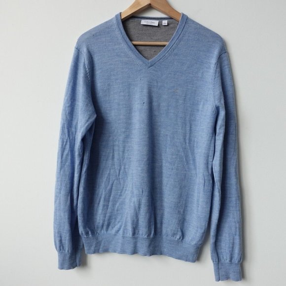 Calvin Klein Sweater Mens Large Blue Wool V Neck Pullover Casual Italian Merino - Picture 1 of 13